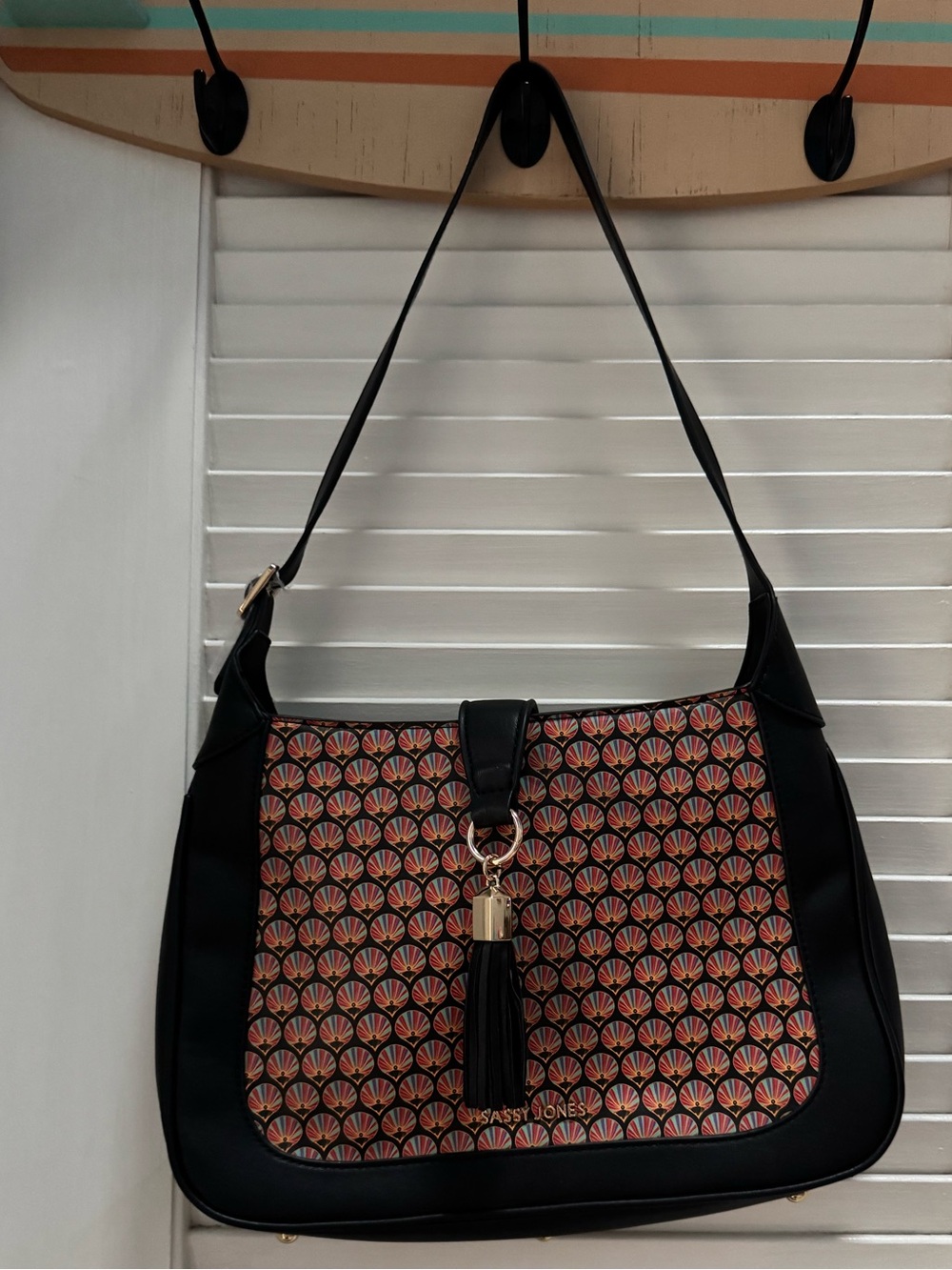 Sassy Jones Black Shoulder Bag with Multicolor Fan-Print